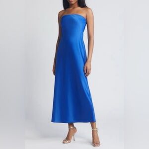WAYF Madelyn Blue Satin Bias Cut Strapless Dress